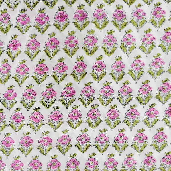 Pure Cotton Jiapuri White With Baby Pink Flowers Bud Hand Block Print Fabric