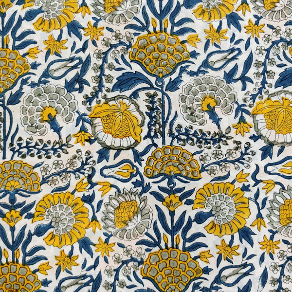 Pure Cotton Jiapuri White With Yellow And Navy Blue Wild Jungle Flower Jaal Hand Block Print Fabric