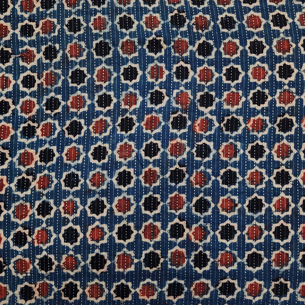 ( Pre-Cut 0.85 Meter ) Pure Cotton Kaatha Ajrak Blue All Stars Motif Hand Block Print Fabric