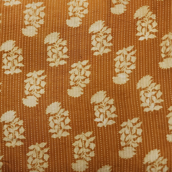 Pure Cotton Kaatha Brown With Cream Rose Flower Motif Hand Block Print Fabric