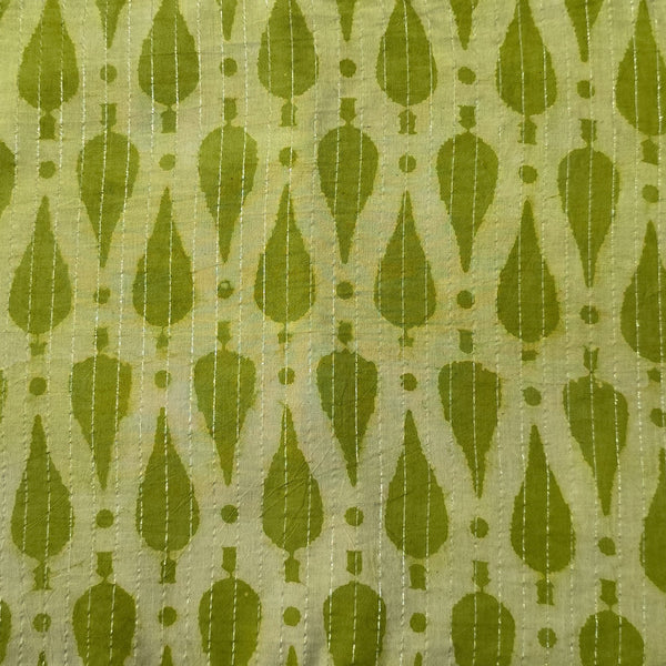 Pure Cotton Kaatha Dabu Lurex Cream With Green Leaves Hand Block Print Fabric