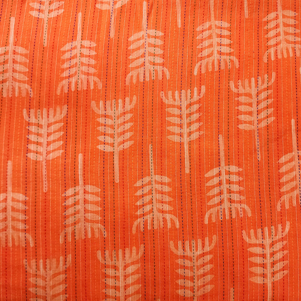 Pure Cotton Kaatha Dabu Candy Orange With Cream Leaves Motif Hand Block Print Fabric