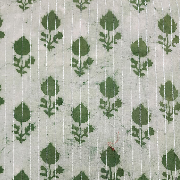 Pure Cotton Kaatha Dabu Lurex Cream With Light Green Flower Bud Hand Block Print Fabric