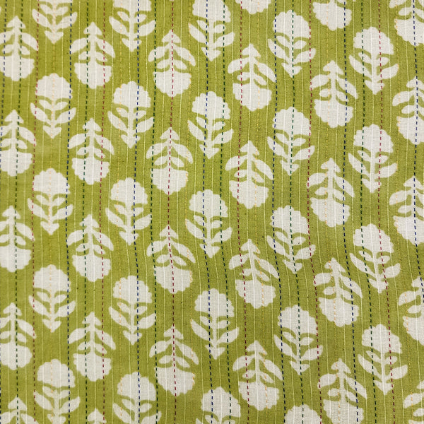 Pure Cotton Kaatha Dabu Light  Green With Cream Flower Buds Motif Hand Block Print Fabric