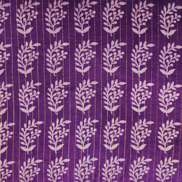 Pure Cotton Kaatha Dabu Lurex Purple With Cream Flower Motif Hand Block Print Fabric