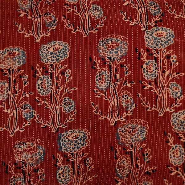 ( Pre-Cut 2 Meter )Pure Cotton Kaatha Rust With Blue Flowers Hand Block Print Fabric