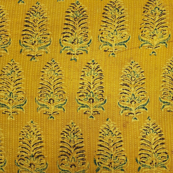 ( Pre-Cut 1.25 Meter )Pure Cotton Kaatha Turmeric With Big Flower Bud Hand Block Print Fabric