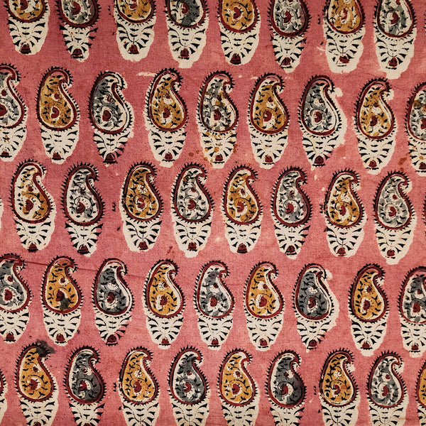 Pure Cotton Kalamkari Baby Pink With Mustard With Grey Kairi Motifs Hand Block Print Fabric