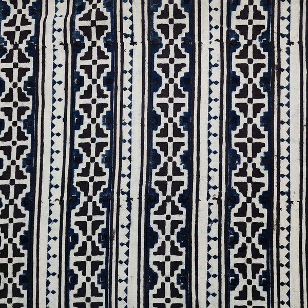 Pure Cotton Kalamkari Black With Blue Intricate  Border Hand Block Print Fabric