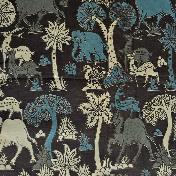 Pure Cotton Kalamkari Black With Blue Jungle Motif Screen  Print Fabric