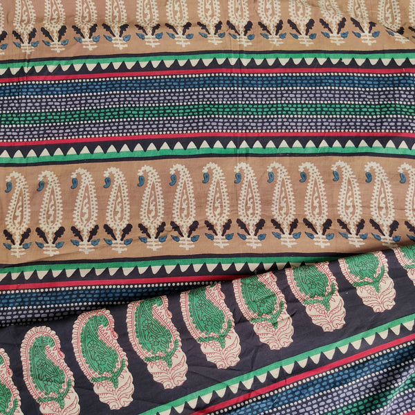 Pure Cotton Kalamkari Black With Brown And Green Border Design Hand Block Print Fabric