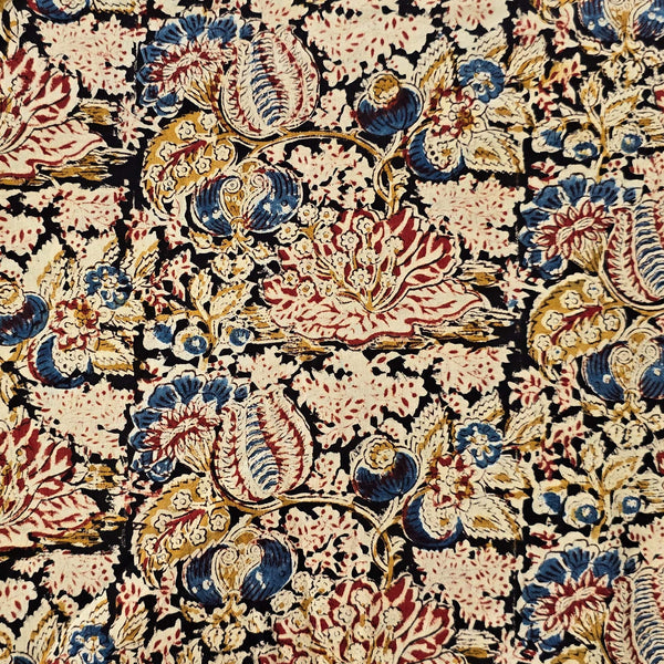 Pure Cotton Kalamkari Black With Cream And Blue Wild Flower Hand Block Print Fabric