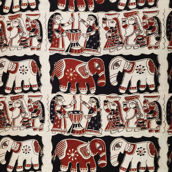 Pure Cotton Kalamkari Black With Cream And Maroon Elephant Motifs Hand Block Print Fabric