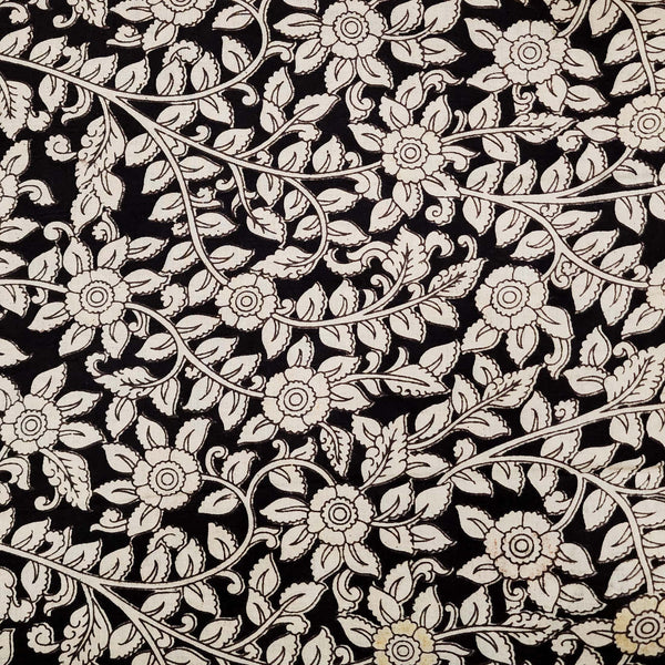 Pure Cotton Kalamkari  Black With Cream Flower Jaal Hand Block Print Fabric