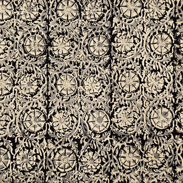 (Pre-Cut 1.90 Meter) Pure Cotton Kalamkari Black With Cream Flower Jaal Hand Block Print Fabric