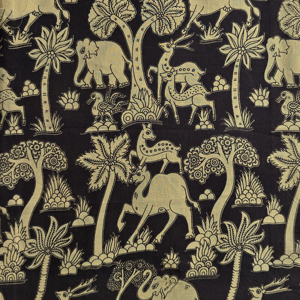 Pure Cotton Kalamkari Black With Yellow Jungle Motif screen Print Fabric