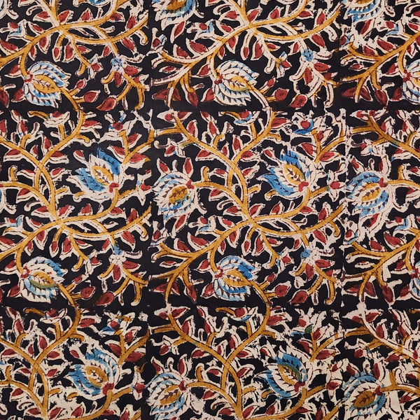 Pure Cotton Kalamkari Black With Mustard With Rust Blue Lotus Jaal Hand Block Print Fabric