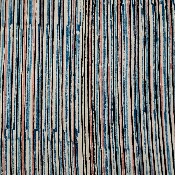 ( Pre-Cut 0.80 Meter ) Pure Cotton Kalamkari Blue With Baby Pink Stripes Hand Block Print Fabric