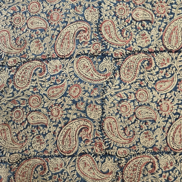 (Pre-Cut 2.40 Meter )Pure Cotton Mul Kalamkari Blue With Maroon Kairi Jaal Hand Block Print Fabric