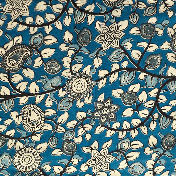 Pure Cotton Kalamkari Blue With cream Flower Jaal screen Print Fabric