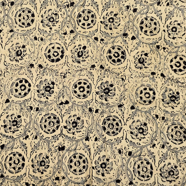 Pure Cotton Kalamkari Cream With Black Flower Jaal Hand Block Print Fabric