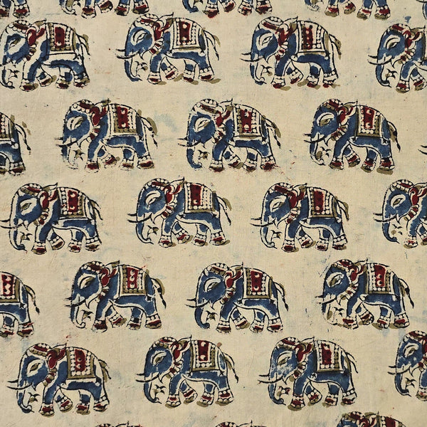 Pure Cotton Kalamkari Cream With Blue With Green Elephant Motif Hand Block Print Fabric