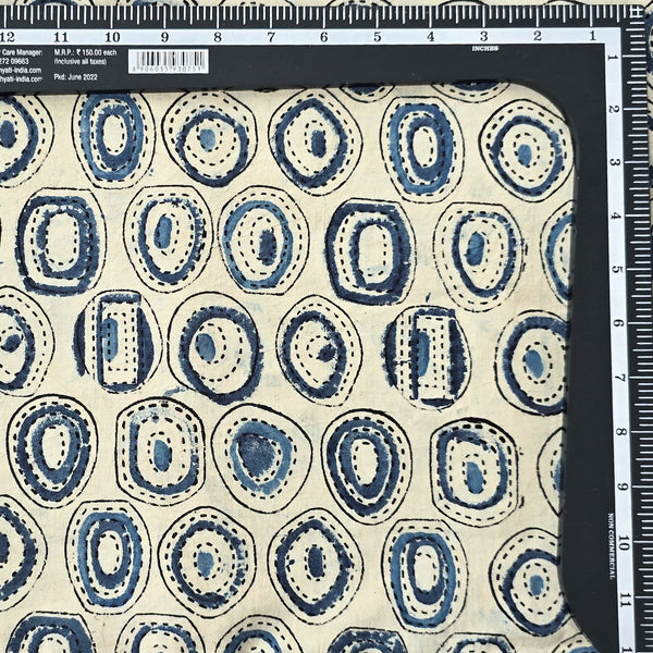 Pure Cotton Kalamkari Cream With Blue Geomtrical Design Motif Hand Block Print Fabric