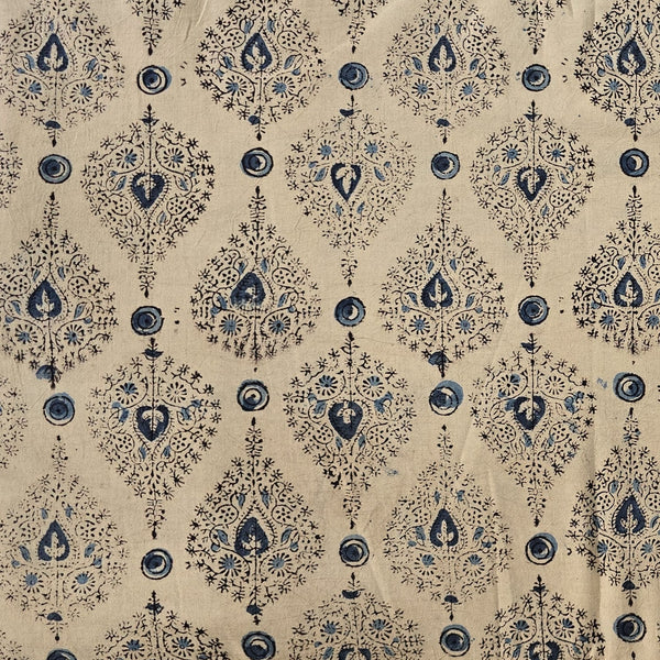 Pure Cotton Kalamkari Cream With Blue Intricate Design Leaves Hand Block Print Fabric