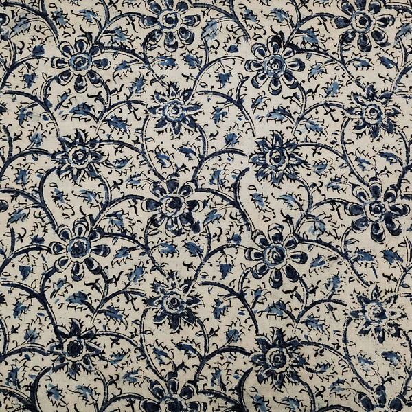 Pure Cotton Kalamkari Cream With Blue Jasmine Flower Jaal Hand Block Print Fabric