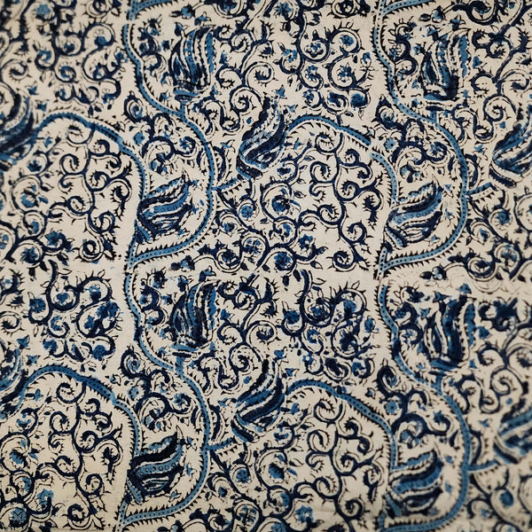 Pure Cotton Kalamkari Cream With Blue Jungle Flower Jaal Hand Block Print Fabric