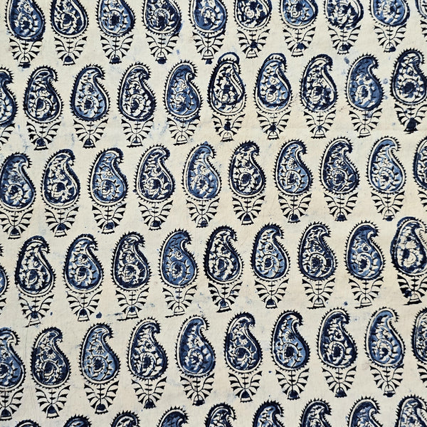 Pure Cotton Kalamkari Cream With Blue Motif Hand Block Print Fabric