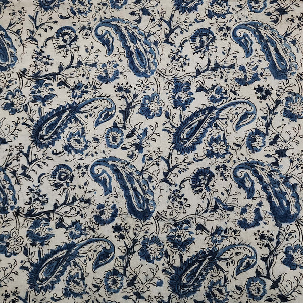 Pure Cotton Kalamkari Cream With Blue Rust Kairi Wild Jaal Hand Block Print Fabric