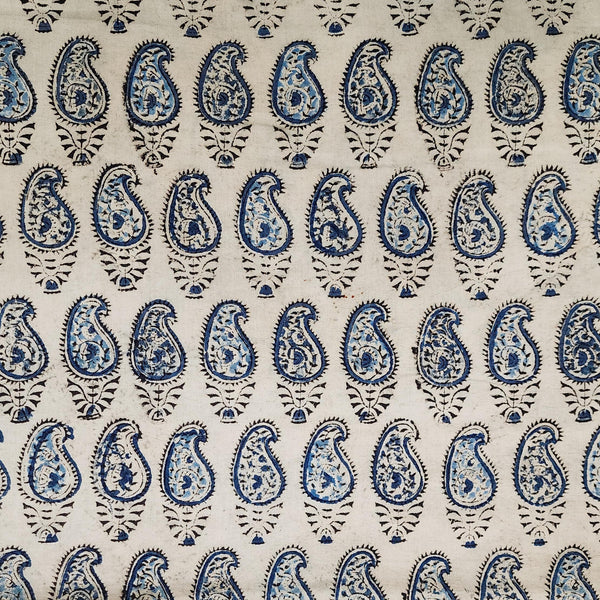 Pure Cotton Kalamkari Cream With Blue Small Kairi Hand Block Print Fabric