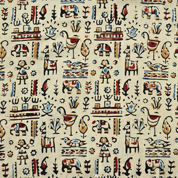 Pure Cotton Kalamkari Cream With Blue Village  Hand Block Print Fabric