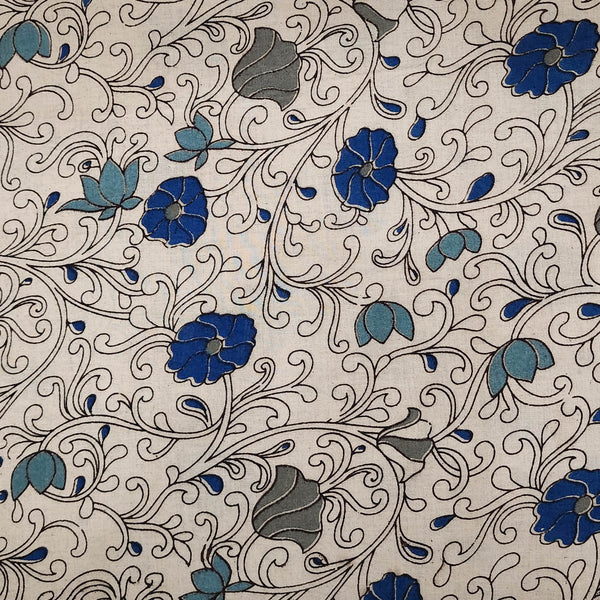 ( Pre-Cut 1.80 Meter ) Pure Cotton Kalamkari Cream With Dark Blue And Light Blue Flower Jaal Hand Block Print Fabric