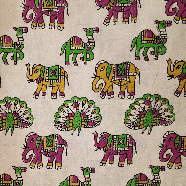 Pure Cotton Kalamkari Cream With Green And Yellow And Pink Three Different Animals Hand Block Print Fabric