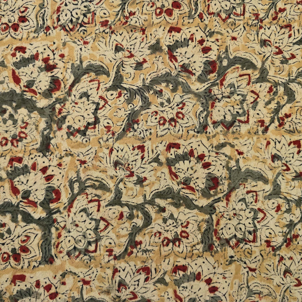 Pure Cotton Kalamkari Cream With Green Wild Jungle Flower Jaal Hand Block Print Fabric