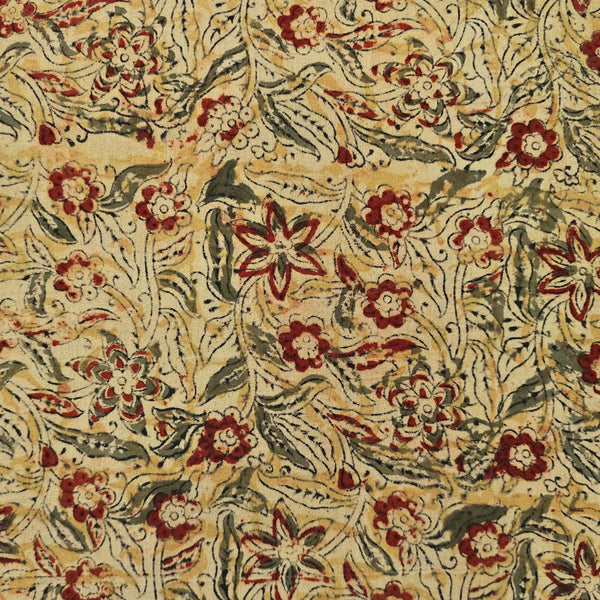 Pure Cotton Kalamkari Cream With Green With Red Jungle Flower Jaal Hand Block Print Fabric