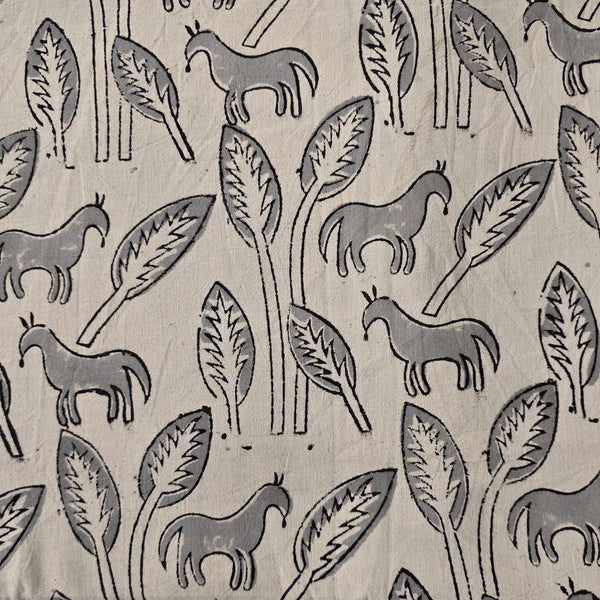 Pure Cotton Kalamkari Cream With Grey Horse With Tree  Hand Block Print Fabric