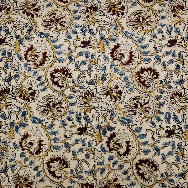 Pure Cotton Kalamkari Cream With Light Blue And Rust Flower Jaal Hand Block Print Fabric