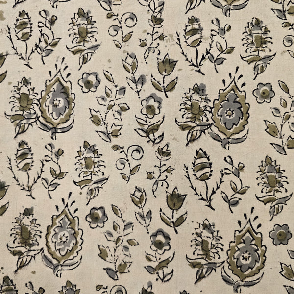 Pure Cotton Kalamkari Cream With Mahindi Green And Grey Flower Motif Hand Block Print Fabric