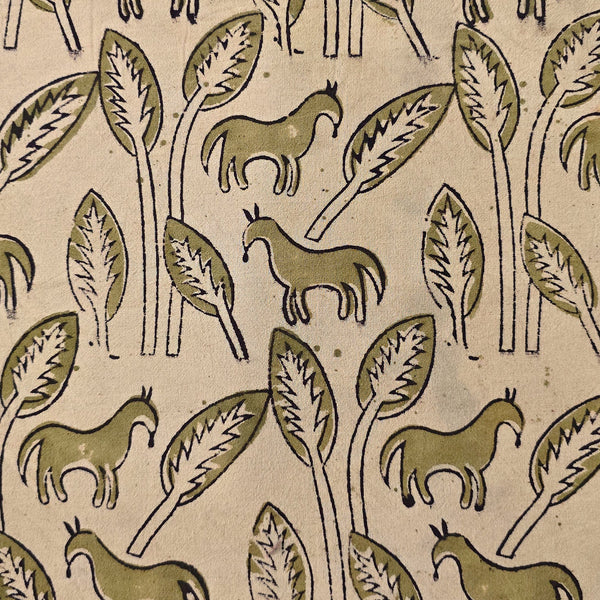 Pure Cotton Kalamkari Cream With Mahindi Green Horse With Tree  Hand Block Print Fabric