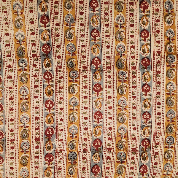 Pure Cotton Kalamkari Cream With Mustard And Blue Border Hand Block Print Fabric