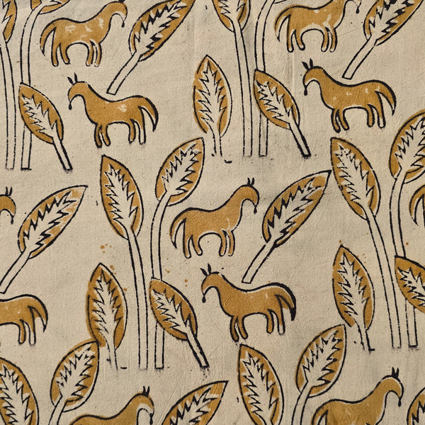 Pure Cotton Kalamkari Cream With Mustard Horse With Tree  Hand Block Print Fabric