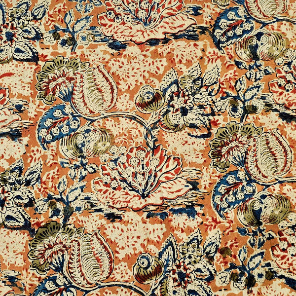 Pure Cotton Kalamkari Cream With Mustard Jungle Wild Flower Jaal Hand Block Print Fabric