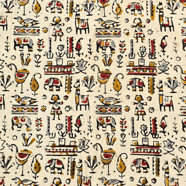 Pure Cotton Kalamkari Cream With Mustard Grey Village Hand Block Print Fabric