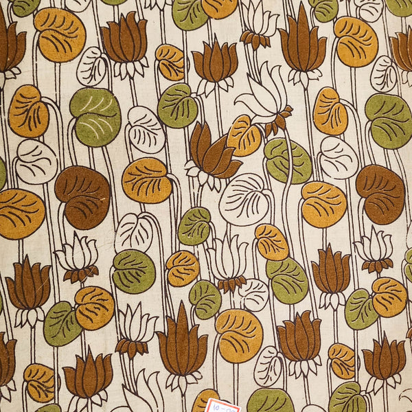 Pure Cotton Kalamkari Cream With Mustard With Brown Lotus Hand Block Print Fabric