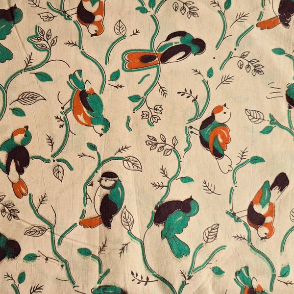 Pure Cotton Kalamkari Cream With Orange And Green Birds Sitting  On Jaal Screen Print Fabric