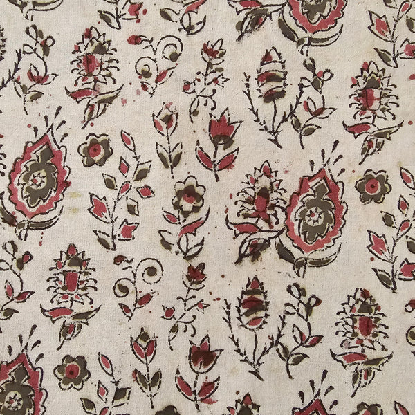 Pure Cotton Kalamkari Cream With Pink And Green And Black Flower Motif Hand Block Print Fabric