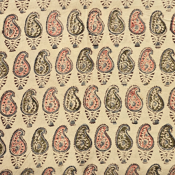 Pure Cotton Kalamkari Cream With Pink And Green Kairi Motif Hand Block Print Fabric